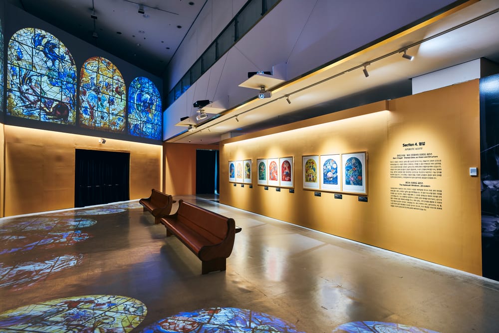 Room showing Chagall's stained-glass window designs