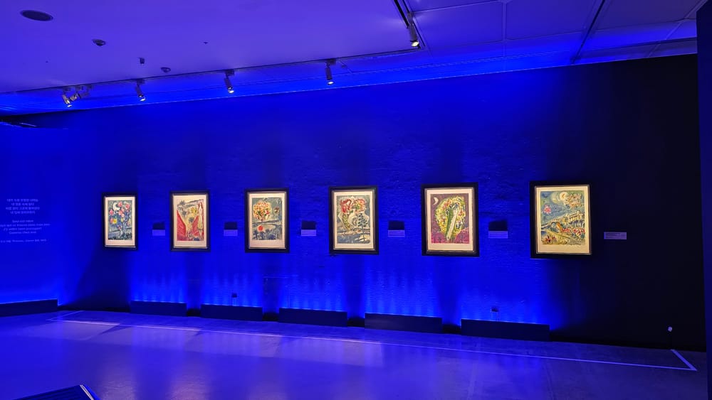 Blue-lit gallery of Chagall works in the Mediterranean section
